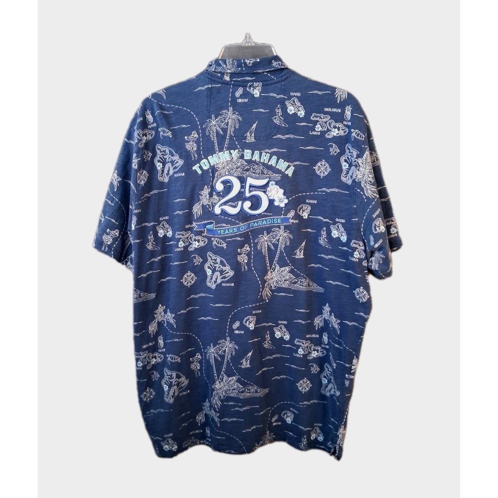 Tommy Bahama Polo Men's Large Blue Hawaiian Map Print Aloha "25 Years Paradise"